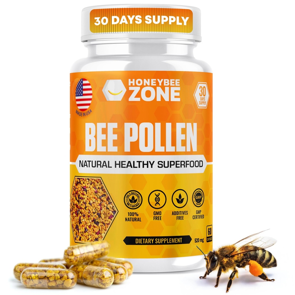 HONEYBEEZONE–100% Raw Bee Pollen Granules in 60 Veggie Capsules – High in Essential B-Complex for Metabolism & Energy - Gluten Free & Non-GMO - Protein & Antioxidants – Immune Support & Vitality