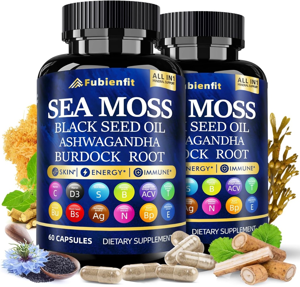 (2 Pack) Biologische Sea Moss Capsules - Bevat seamoss Black Seed Oil ashwagandha Burdock Root Gember & Essentiële Vitaminen - Superfood voor Immune Boost, Digestieve Gezondheid en algemene wellness