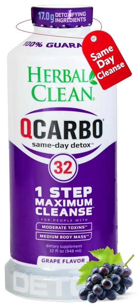 Herbal Clean Qcarbo32 Zelfde dag Detox Reiniging Drank (32 fl oz) - Grape Flavor Full Body Cleanse* Detox Drink voor een hoog toxinegehalte*, vitamine B2 en vitamine B12 voor mannen en vrouwen