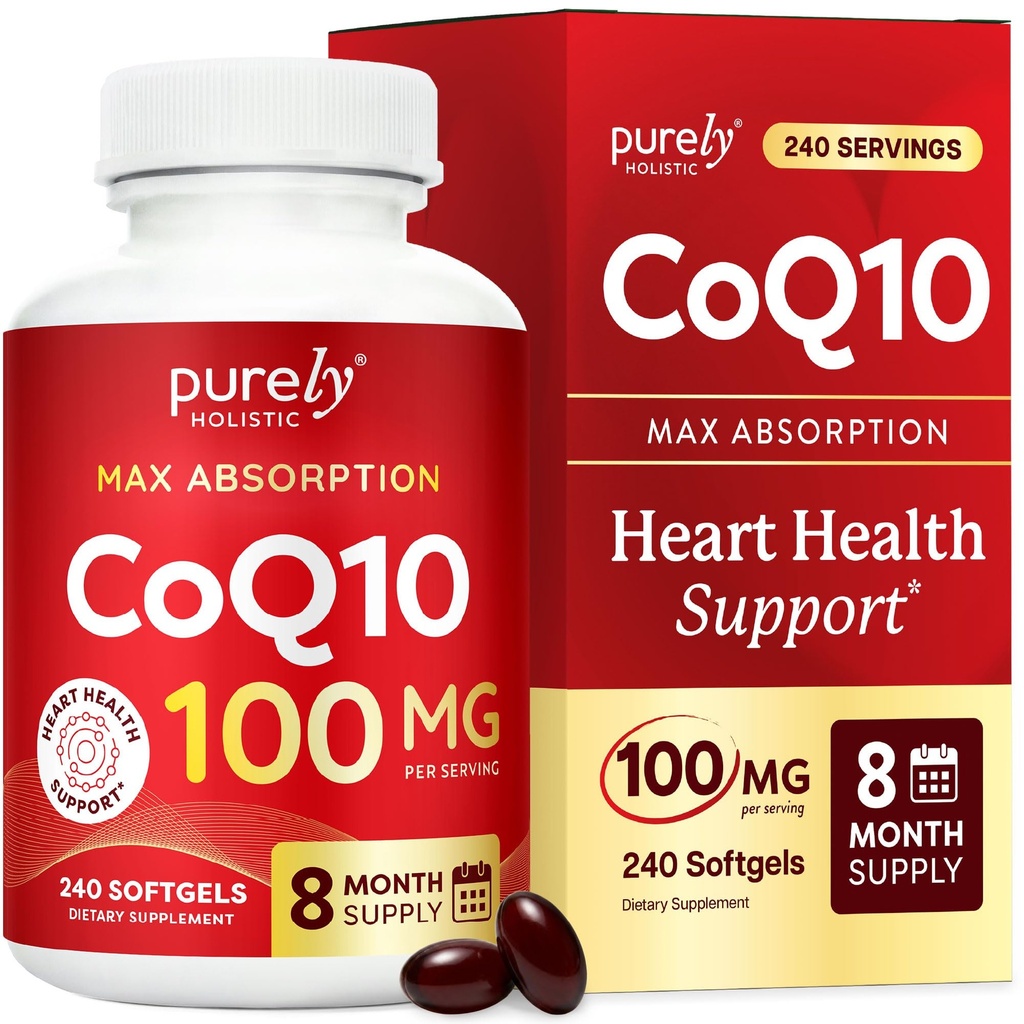 Pure Holistische CoQ10 100mg - 240 SoftGels - 8 Maand Supply - Ubichinon Coenzyme Q10 Supplement - met Biologische Olijfolie - Soy Free Co Q 10 - Made in The USA