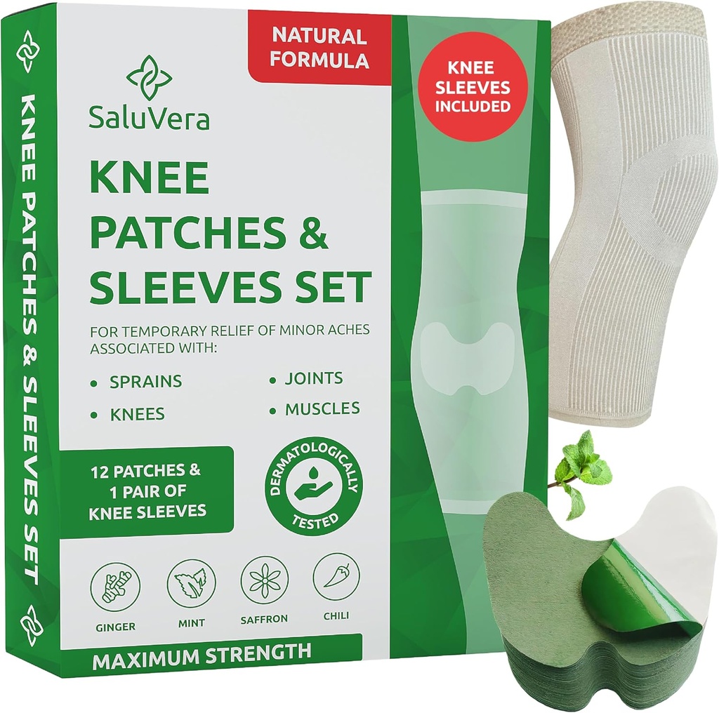 Warming Herbal Knie Patches met 2 Compressie Mouwen - Zelfverwarmende Relief Patches voor mannen en vrouwen, Natuurlijke Ingrediënten voor verzachtende ondersteuning (12 Patch + 2 Compressie Mouwen)