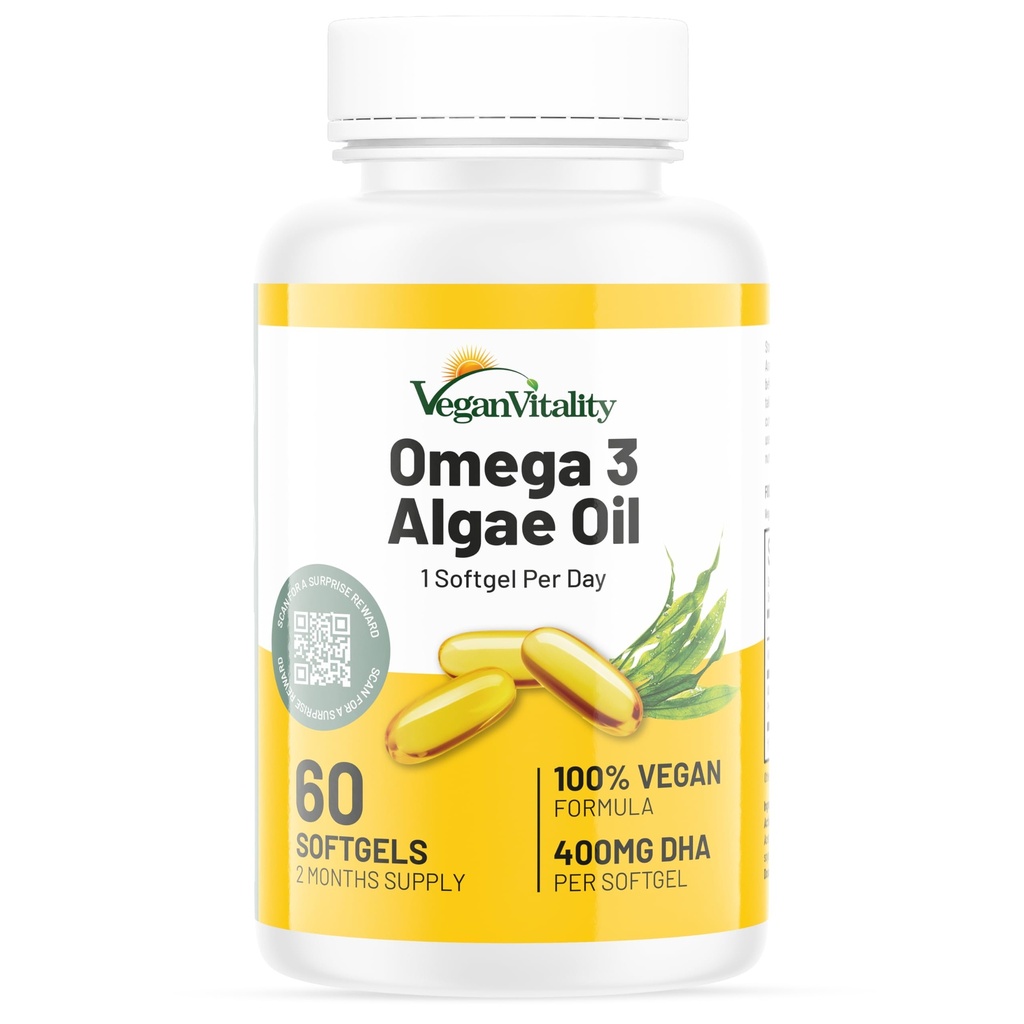 Vegan Vitality Vegan Omega 3 Supplement - 60 Plant Based Algenolie Zachte Gels Essentiële vetzuren met Veganistische DHA voor gezamenlijke, hart- en immuunondersteuning zonder EPA