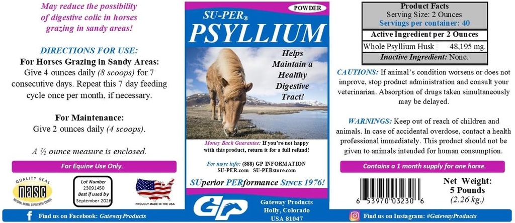 SU-PER Psyllium Horse Digestie Supplement - Onderhoudt gezonde spijsverteringstrek bij paarden - Ondersteunt verwijdering van zand & Dirt van intestinal Tract - 5 Pond, (2 Pack)
