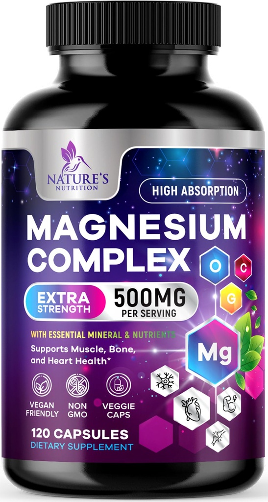 Magnesium Complex Supplement 500 mg - 5 in 1 Hoge Absorptie Gecheleerde Magnesium Glycinate, Malate, Citraat, Oxide, Aquamin - Non-GMO Magnesio Capsules, Botspier & Heart Health Ondersteuning, 120 Capsules