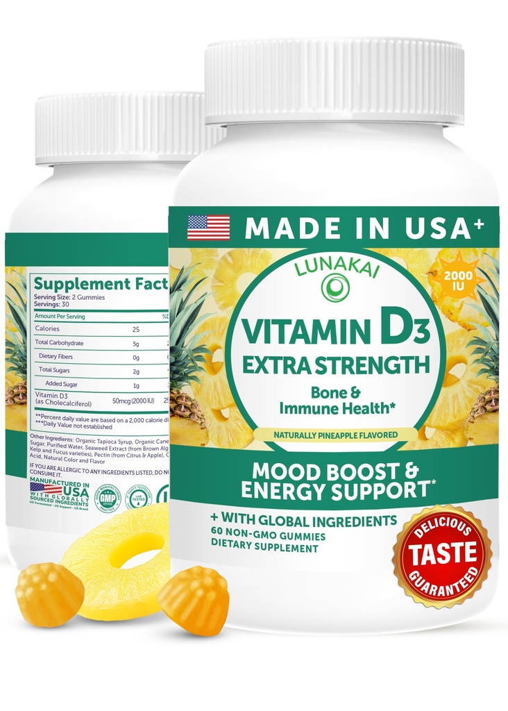 Lunakai USA Made Vitamin D3 Gummies 2000 IE - Non-GMO, Glutenvrije vitamine D Gummies for Women & Men - Bone, Immune & Energy Support, 60ct