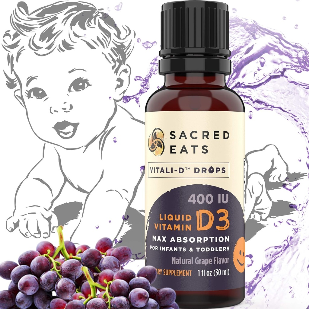 Vitamin D Drops for Infants - 400 IU Per Drop, Natural & Sugar Free in MCT Oil for Best Absorption. 880 Servings. Easy to Take Liquid D3 Supplement for Baby & Toddlers (Grape)