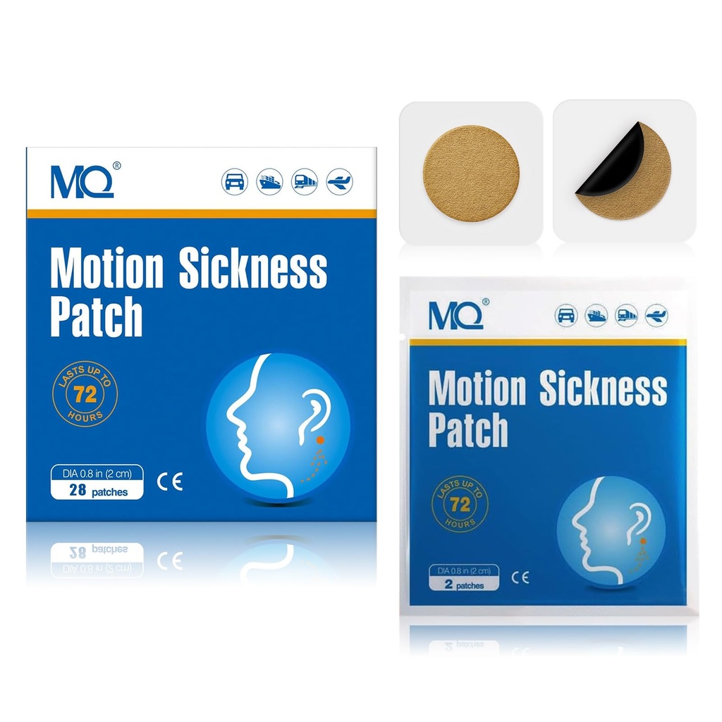 MQ 28ct Motion Sickness Patches Non Drowsy, Sea Sickness Patches for Cruise Travel Essentials, Waterproof Patch Behind Ear for Car Airplane Altitude Sickness, Long Last 72H