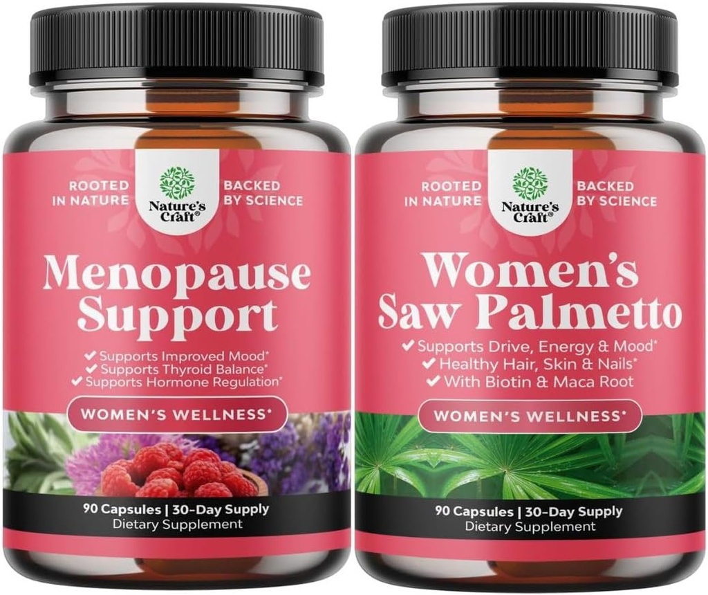 Bundle of Menopauze Supplement voor Hot Flashes met Dong Quai Vitex Chaste Berry & Black Cohosh & Extra sterkte Saw Palmetto voor vrouwen 500mg - DHT-blokker Haarverlies Supplement met Maca Root & Biotin