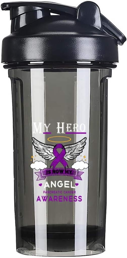 Mijn held is nu mijn Angel Pancreatric Cancer 18 Ounce Shaker Bottle Drink Mixer Leak-proof Pre Workout Proteïne Shakes Maaltijd Vervanging Shakes Flessen 500ML/18 Oz Black