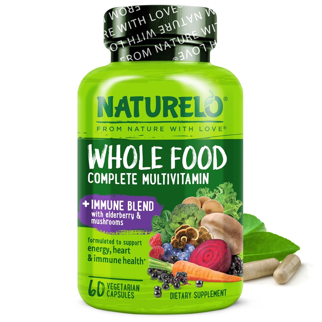 NATURELO Whole Food Multivitamine + Immune Blend met Vlierbessen en Paddenstoelen - Complete Multivitamine met Extra Immune Ondersteuning - C, D3, Zink, Vlierbessen, Reishi, Shitake - 60 Vegan Capsules