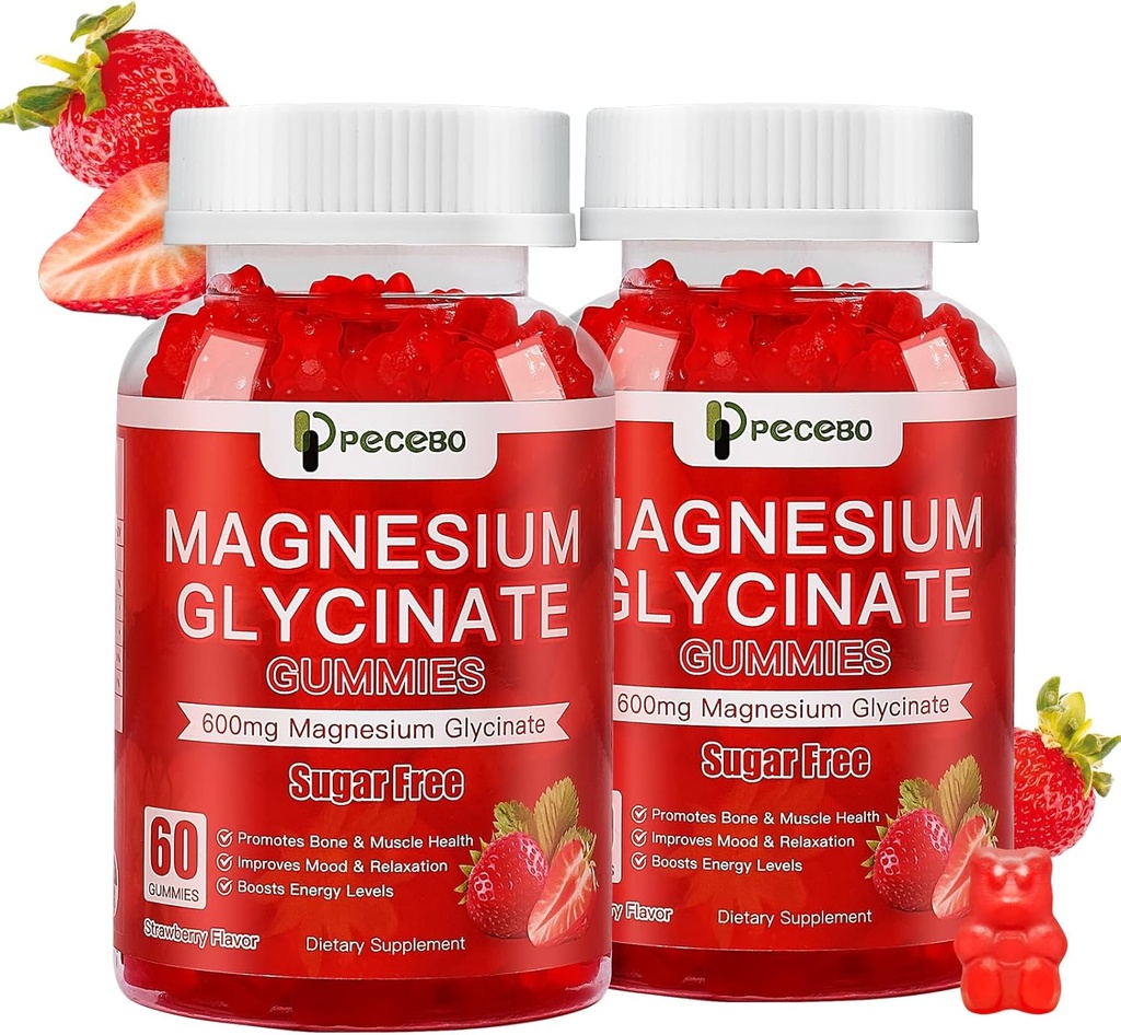 Magnesium Glycinate Gummies 600mg, Suikervrij Magnesium Gummies voor volwassenen, Aardbei Magnesium Supplement voor Stress & Muscle Relief & Zenuwgezondheid, Non-GMO, Glutenvrij, Veganistisch, 120 Tel.