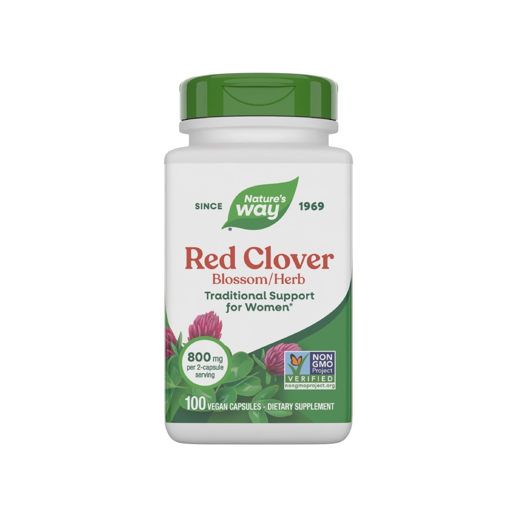 Nature's Way Red Clover Blossom Herb, Traditional Health Support for Women*, 800 mg per 2-Capsule Serving, Non-GMO Project Verified, Red Clover Supplement, 100 Vegan Capsules (Packaging May Vary)