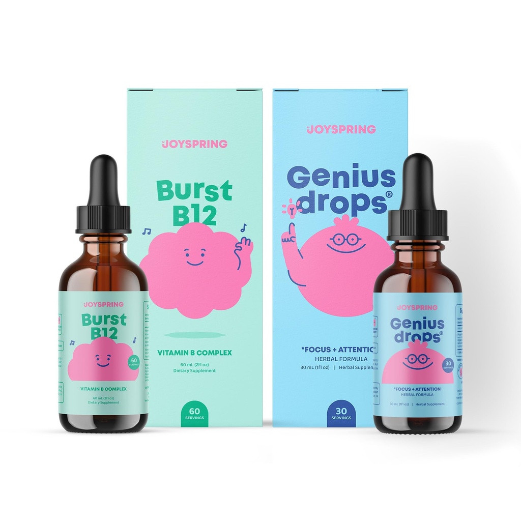 JoySpring Liquid B Complex en Genius Focus Drops voor kinderen