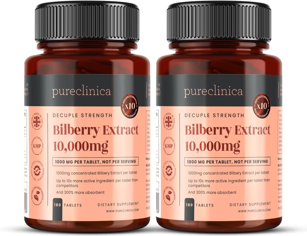 Pureclinica Bilberry Extract 10.000 mg x 360 tabletten (2 flessen) - 10 X Meer Anthocyanidines per tablet dan de meeste anderen - en 5 mg Black Pepper Extract voor 300% verhoogde absorptie