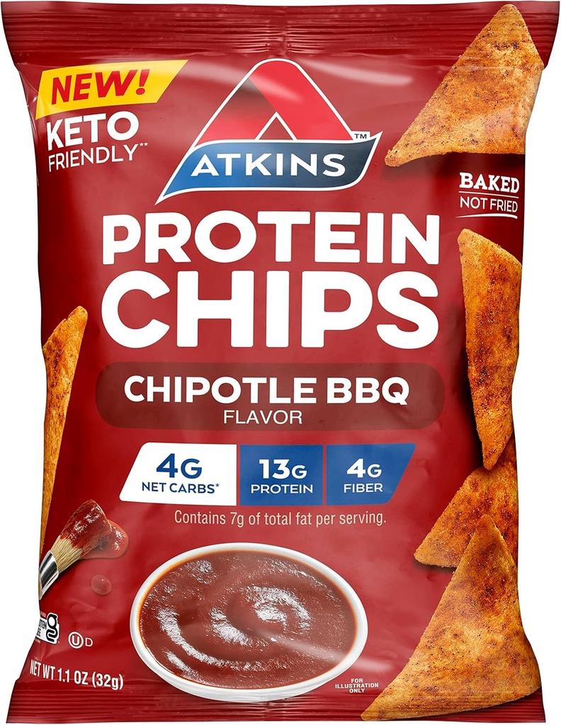 Atkins Chipotle BBQ Protein Chips, 4g Net Carbs, 13g Protein, Gluten Free, Low Glycemic, Keto Friendly, 12 Count