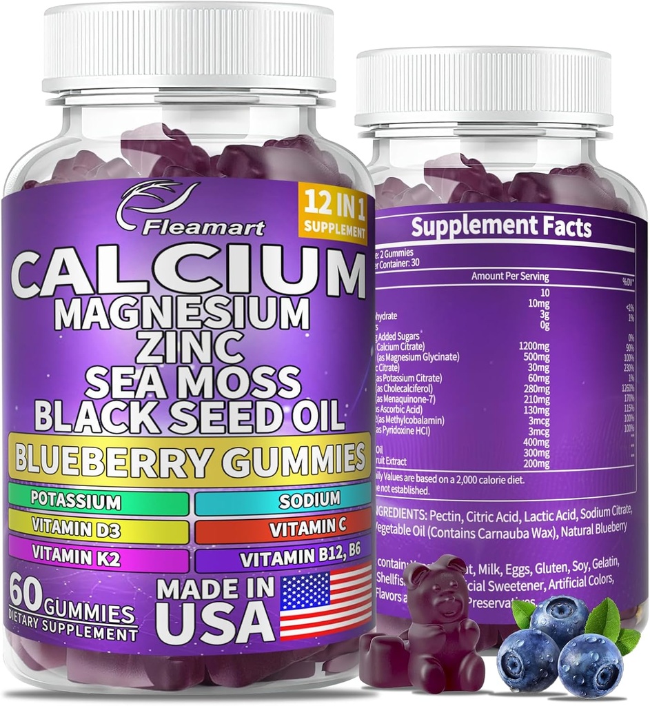 Calcium Magnesium Zink Supplement Gummies Suikervrij voor vrouwen en mannen Calcium Gummies Supplement Bone & Immune Ondersteuning Made in USA 60 Counts Blueberry Flavor
