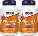 NOW Supplementen, Choline & Inositol 500 mg, Gezonde Zenuwtransmissie*, Zenuwstelselgezondheid*, 100 Capsules (verpakking van 2)