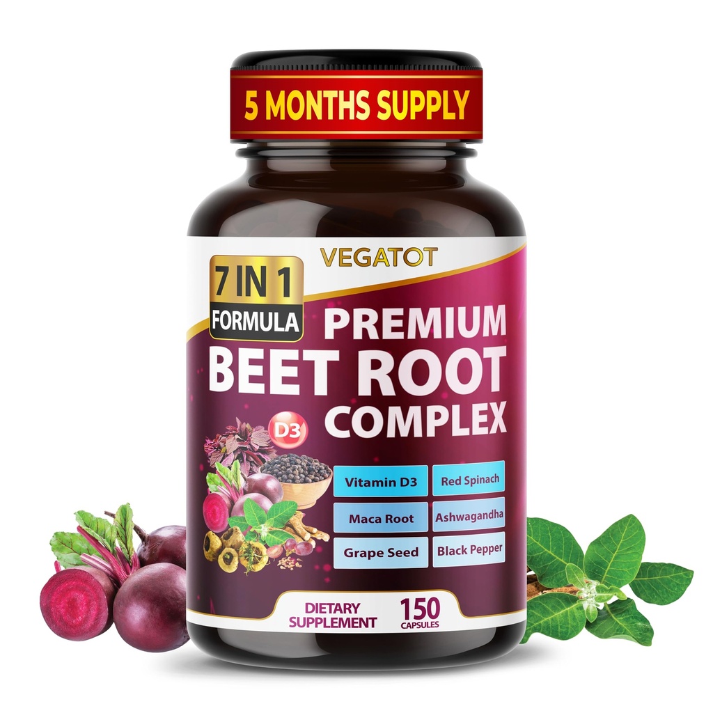 VEGOTOT Beetwortel *USA Made and Tested* Concentrated with Ginseng Maca Root Ashwagandha - Energy Stamina Immune Support (150 Count (Pack of 1))