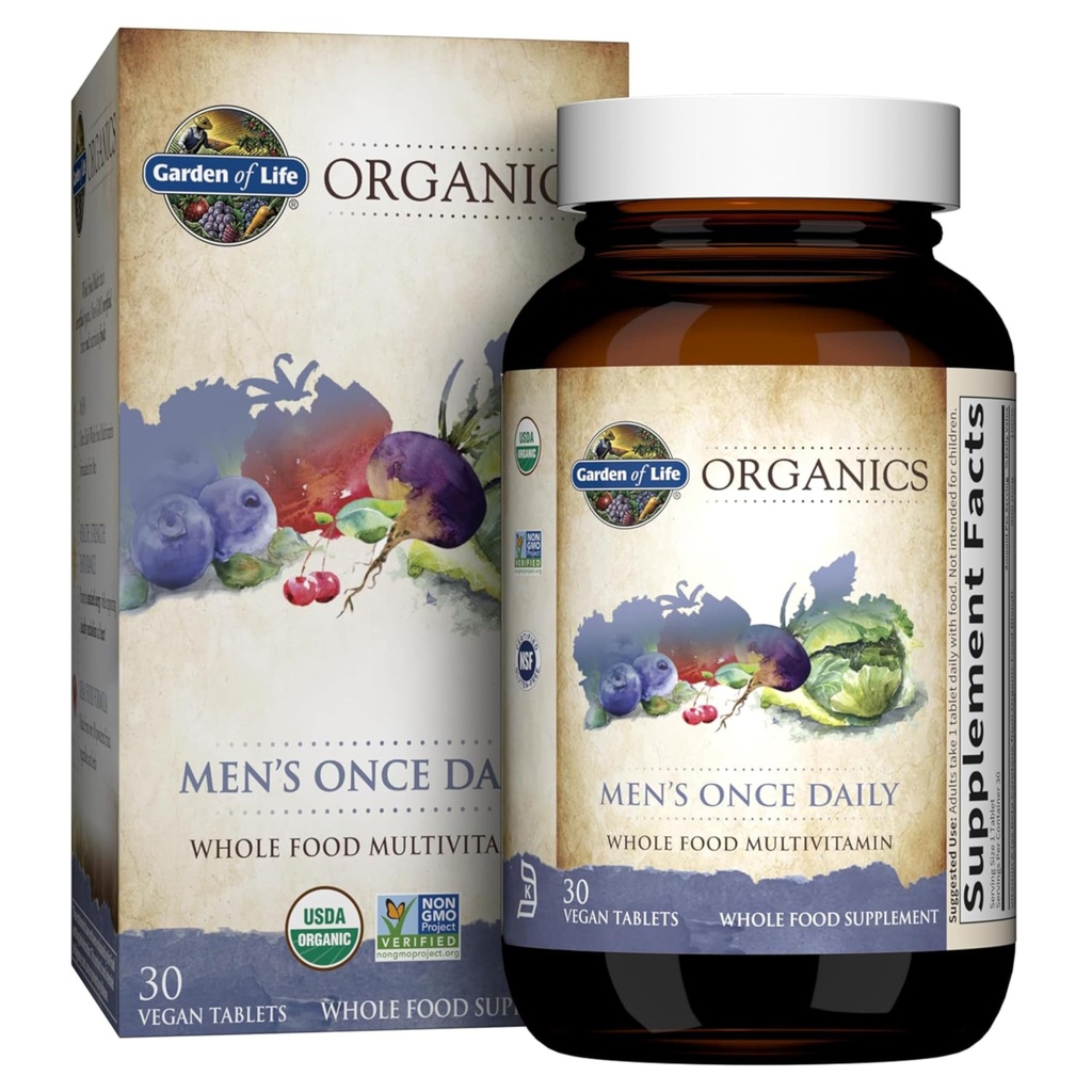 Tuin van het leven eenmaal dagelijks Geheel voedsel Multivitamine voor mannen, biologische mannen Vitaminen & mineralen, Vitamine C, Zink, Vegan, voor gezondheid en welzijn, 30 tabletten