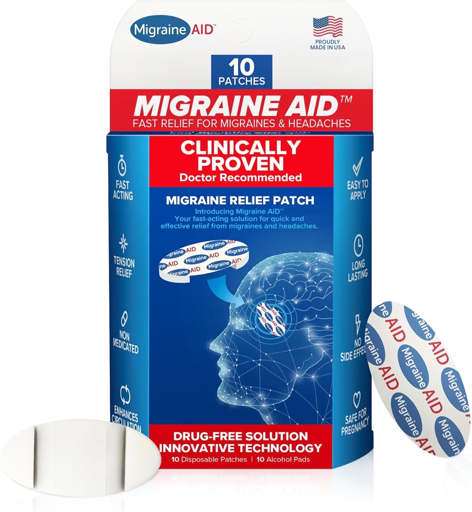 Migraine AID Migraine Relief Patches - snelle acting, niet-gemedicineerde ondersteuning voor hoofdspanning, gemakkelijk toe te passen hoofdpijn Patches, veilig voor dagelijks gebruik, 10 wegwerp Migraine Patches, Made in USA
