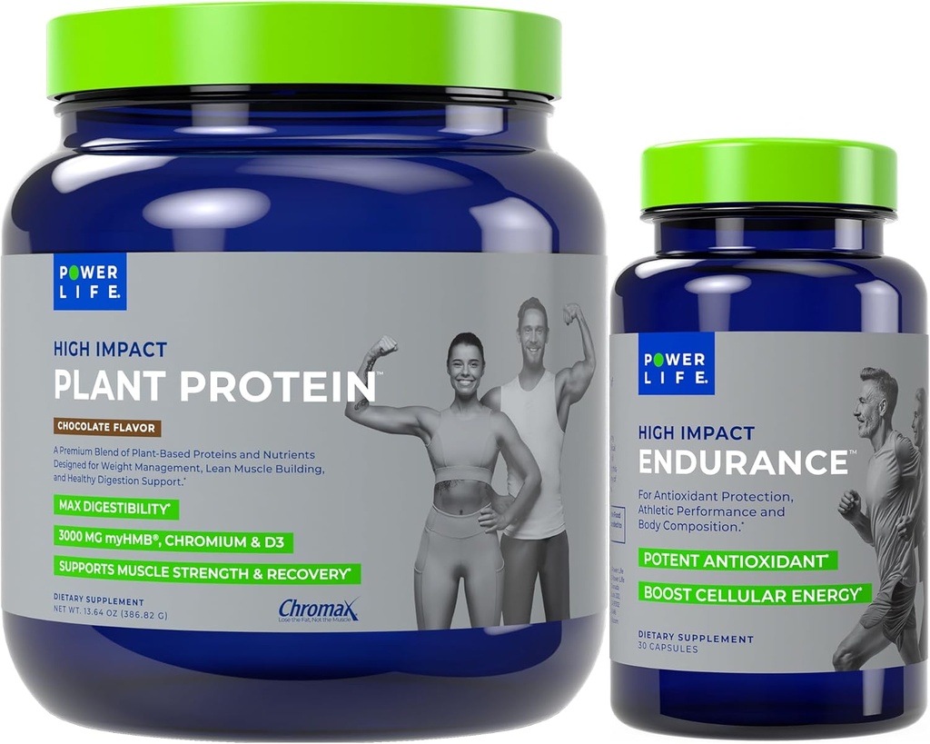 POWERLIFE High Impact Plant Protein (chocolade - nieuwe formule) met 3000 MG HMB, geen suiker toegevoegd, niet GMO hoge impact endurance