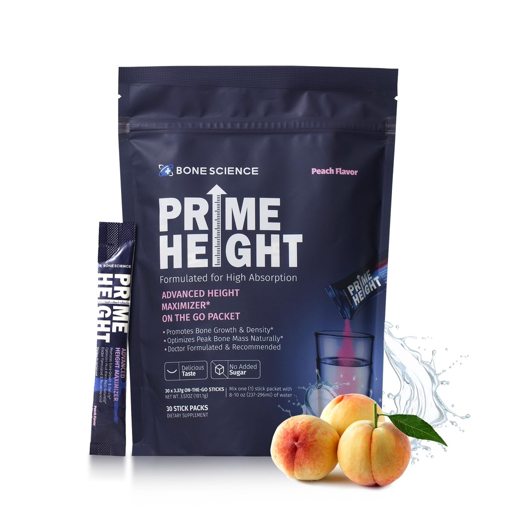 BONE SCIENCE - Prime Height Mutivitamine Powder - Height Development Drink Mix for Kids & Teens, Bone & Immune Support, Sugar-Free Peach Flavor, 30 Sticks