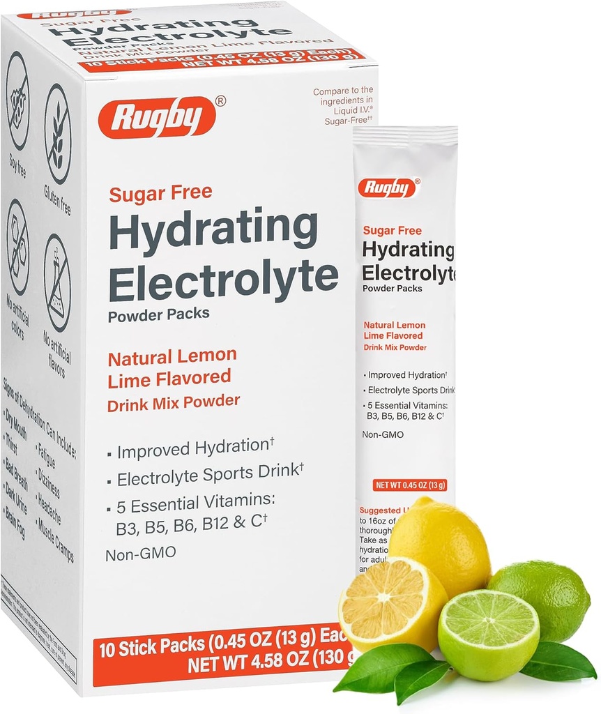 Rugby Sugar-Free Hydrating Electrolyte Powder Packs - Drink Mix Powder Packets met 5 vitamines - Verbeterde hydratatie - Natuurlijke Citroen-Lime smaak - 10 Stick Packs - 0,45 Oz Elke (1 Pack)