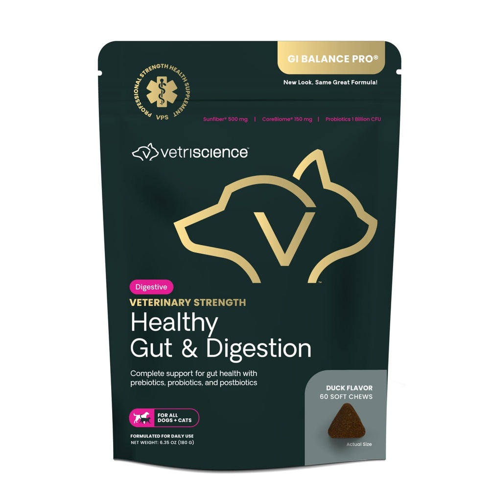 VetriScience Veterinary Strength Gezond Gut & Digestie - Pet Digestief Gezondheidssupplement voor katten en honden - Gut Health & Immune Support - Kenmerken Probiotica, Prebiotica & Postbiotica - 60 Tel.