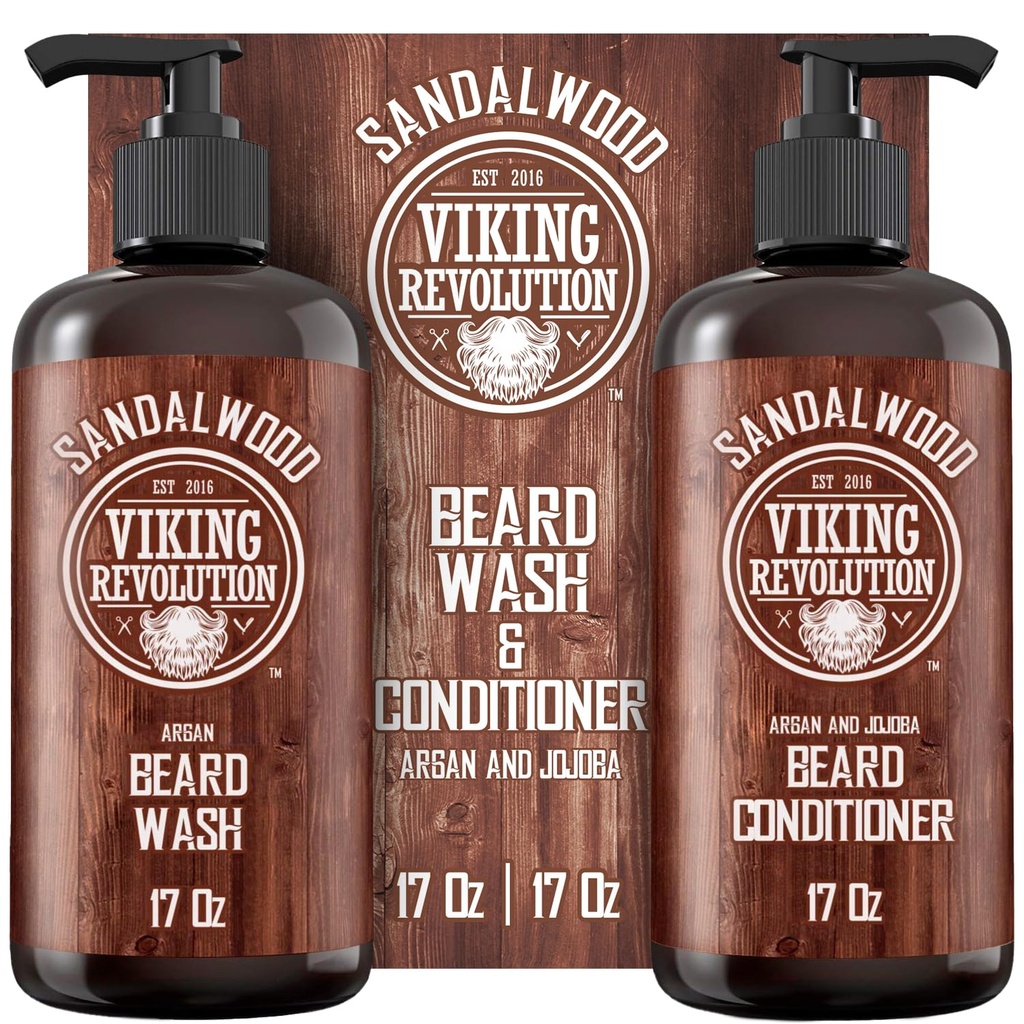 Viking Revolution Baard Wash & Baard Conditioner Set met Argan & Jojoba Oils - Softens en versterkingen - Natural Sandalwood Scent - Baard Shampoo met baardolie (17 oz)