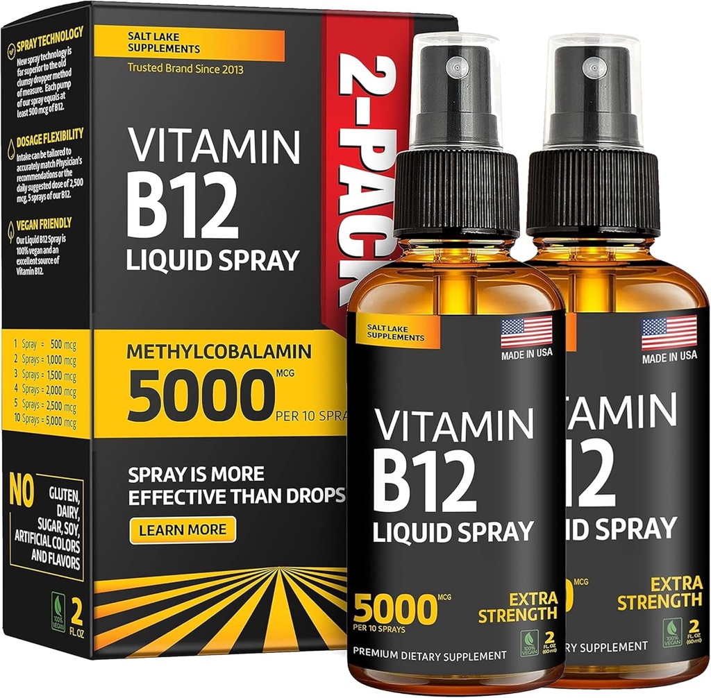 (2 verpakkingen) - Liquid B12 Spray 5000 mcg - Vitamine B12 Sublingual - Vegan B12 Vitamine Spray - Methylcobalamine Vitamine B12 Liquid Boosts Energy & Mood - Glutenvrije en niet-GMO