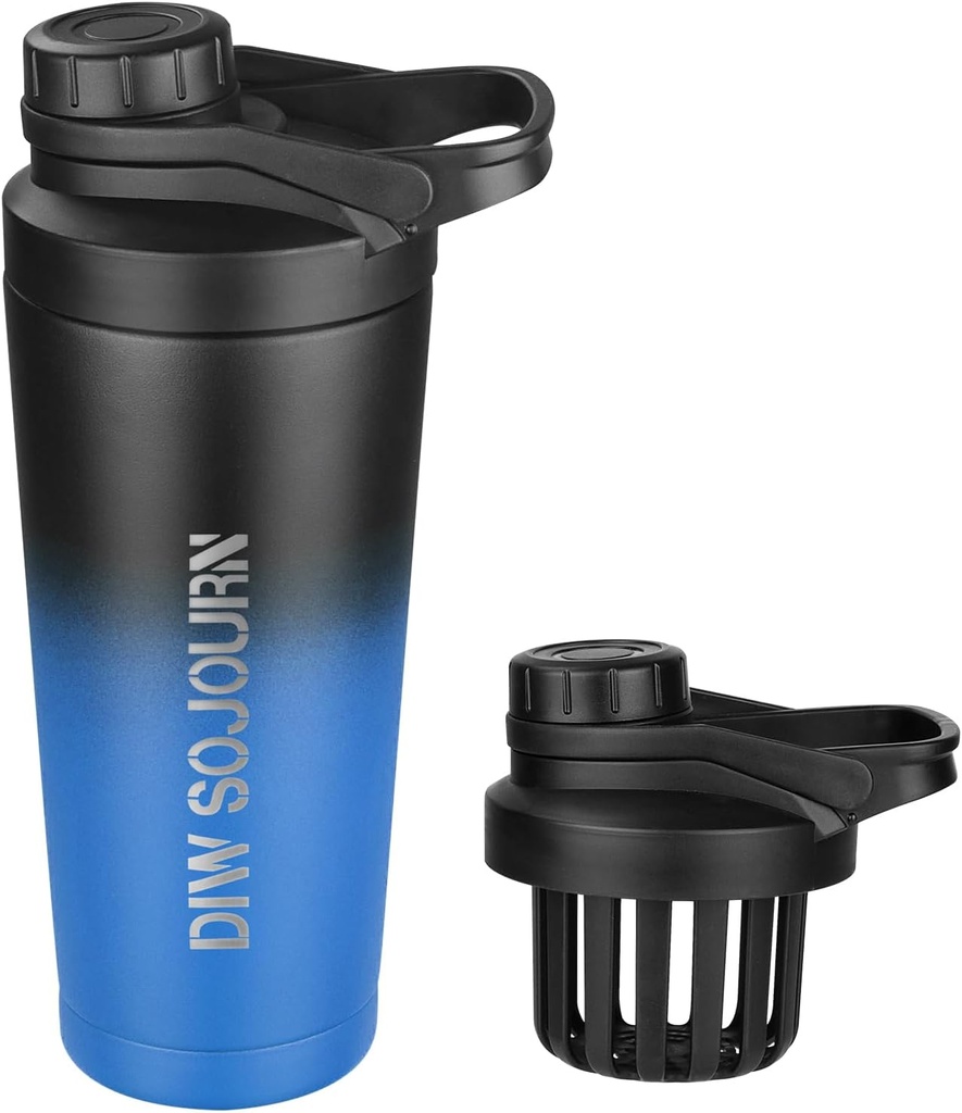 DIW 24 oz Shaker Bottle, Stainless Steel Mix Bottle with Noise-Free Design, Insulated Metal Shaker Cup for Protein Mixes and Pre Workout,Gym Cup Shaker(Black&Blue)