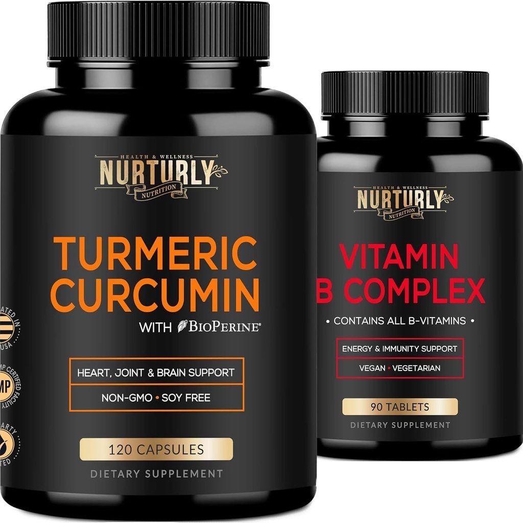 Vitamine B complex en Kurkuma Curcumin - Bevat alle essentiële B vitamines - B1, B2, B3, B5, B6, B7, B9, B12 en Biotine - Hoge Absorptie Kurkuma Supplementen 1300mg voor gezamenlijke, Hearth Health