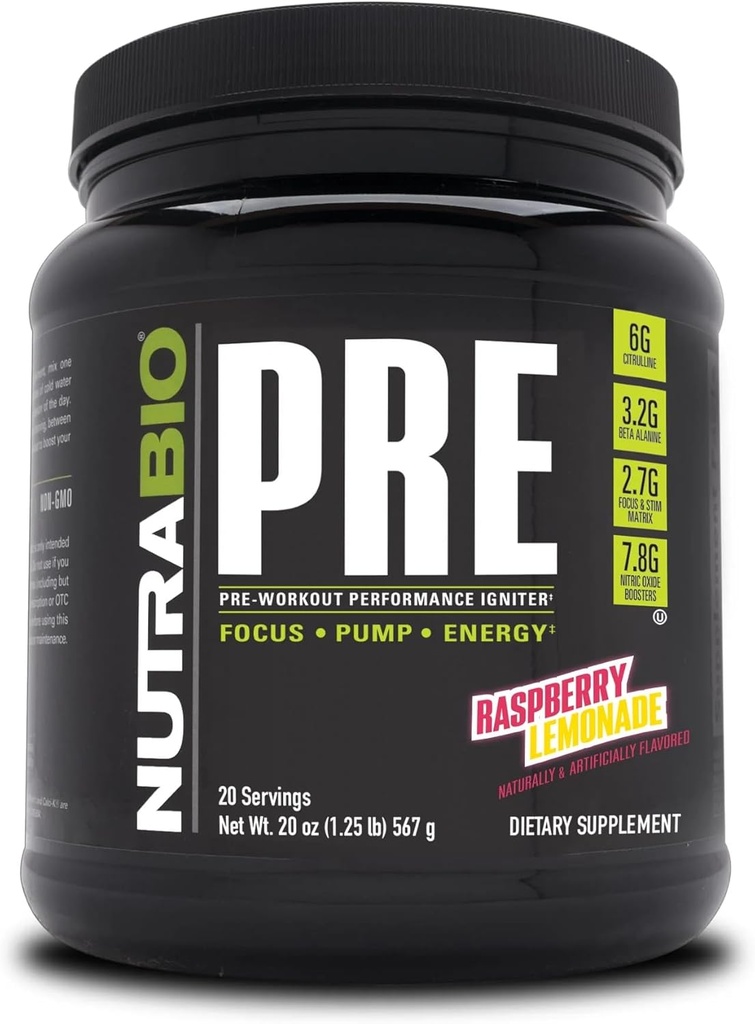 NutraBio PRE Workout Powder - Oude Formule- Aanhoudende Energie, Geestelijke Focus, Endurance - Beta Alanine, Creatine, Cafeïne, Elektrolyten - 20 Servers - Raspberry Lemonade