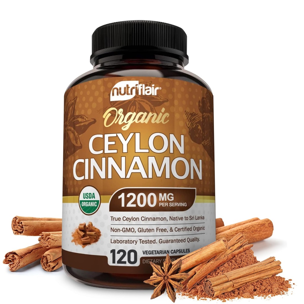 NutriFlair Biologische Ceylon Cinnamon Supplement 1200mg, 120 Capsules - USDA Gecertificeerd - Niet-GMO, Glutenvrij Poeder, Antioxidant Pillen