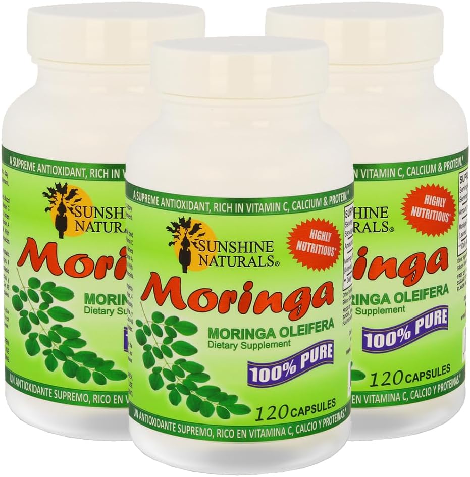 Sunshine Naturals Moringa Dieetsupplement. Immuunsysteemhulp, energiebooster, antioxidant ondersteuning, en Nutrient-Rich Superfood. Bevordert spijsvertering en hartgezondheid. 120 capsules. Verpakking van 3