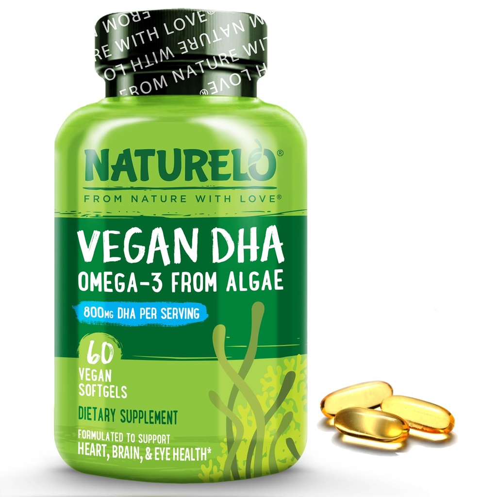 NATURELO Vegan DHA - Omega 3 Oil from Algene - Supplement for Brain, Heart, Joint, Eye Health - Biedt essentiële vetzuren voor vrouwen, mannen en kinderen - Complements Prenatale vitamines - 60 Softgels