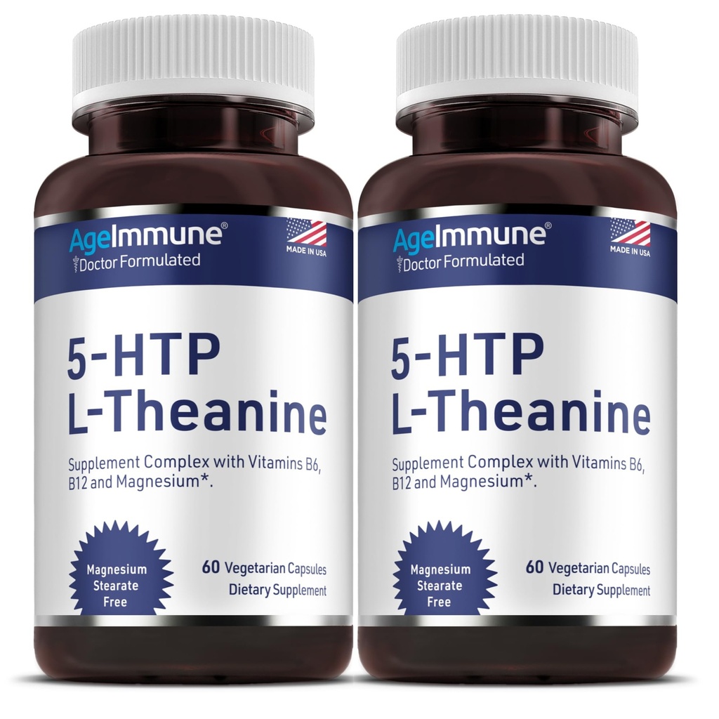 5-HTP Formule voor Stress Relief en ontspanning ondersteuning voor tieners en volwassenen met 5-HTP, L-Theanine, Vitamine B6, Vitamine B12, Magnesium - Doctor Geformuleerd - Magnesium Stearate Free - 60 capsules.
