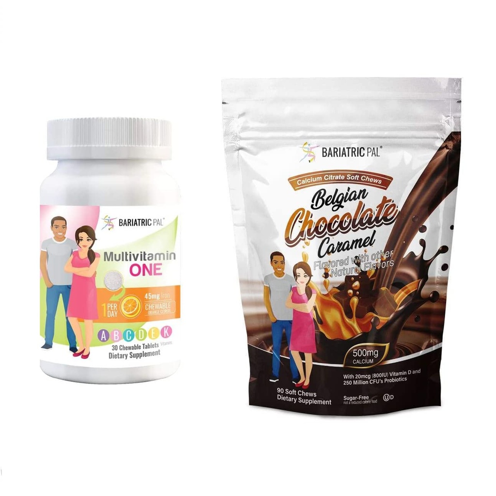 BariatricPal 30-Day Bariatric Vitamin Bundle (Multivitamin ONE 1 per Day! with 45mg Iron Chewable - Orange Citrus and Calcium Citrate Soft Chews 500mg with Probiotics - Belgian Chocolate Caramel)