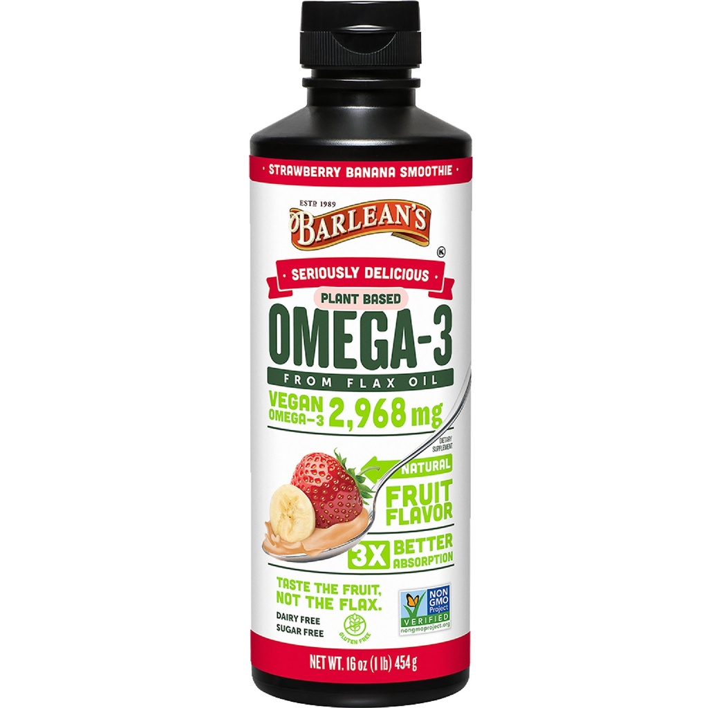 Barlean's Vegan Omega 3 6 9 Vlaszaad Olie Liquid Supplement, Aardbei Banaan Smoothie, Vlaszaad Olie met 2,968 mg ALA vetzuur, Non-GMO en Glutenvrij, 16 oz