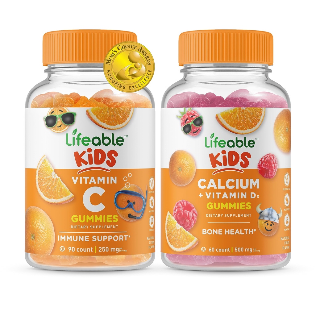 Levensvatbare vitamine C Kids + Calcium met vitamine D Kids, Gummies Bundle - Grote Proeverij, Vitamine Supplement, Glutenvrij, GGO-vrij, Kauwgom