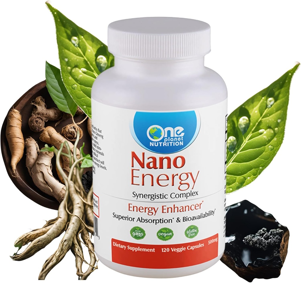 One Planet Nutrition Nano Energy 500 mg Veggie Capsules (120 Servings), Synergistische Blend van Nano Ginseng, Shilajit, Ashwagandha & EGCG, Ondersteunt Energieniveaus, Niet-GMO, Veganistisch, Glutenvrij