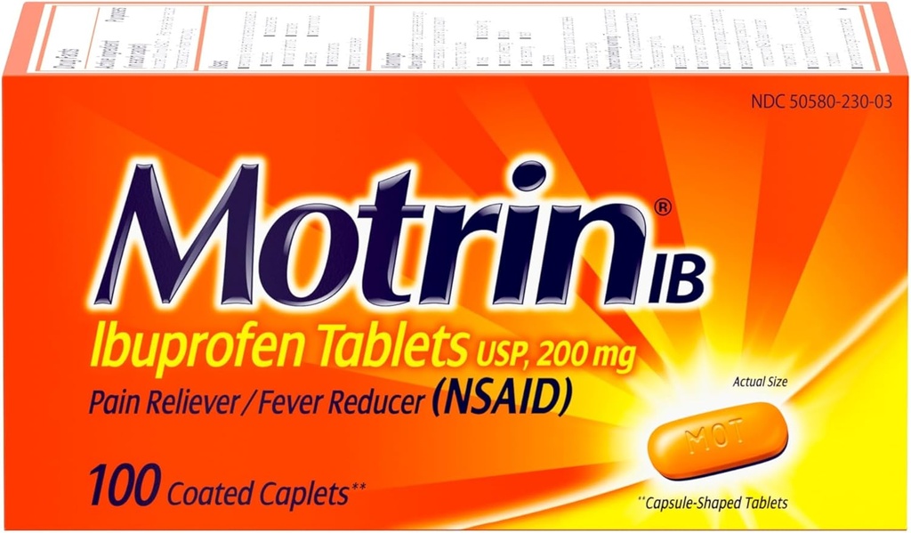 Motrin IB, Ibuprofen 200 mg tabletten, pijnstiller en koortsreducer voor spierpijn, hoofdpijn, rugpijn, menstruele krampen en lichte gewrichtspijn, NSAID, 100 Ct