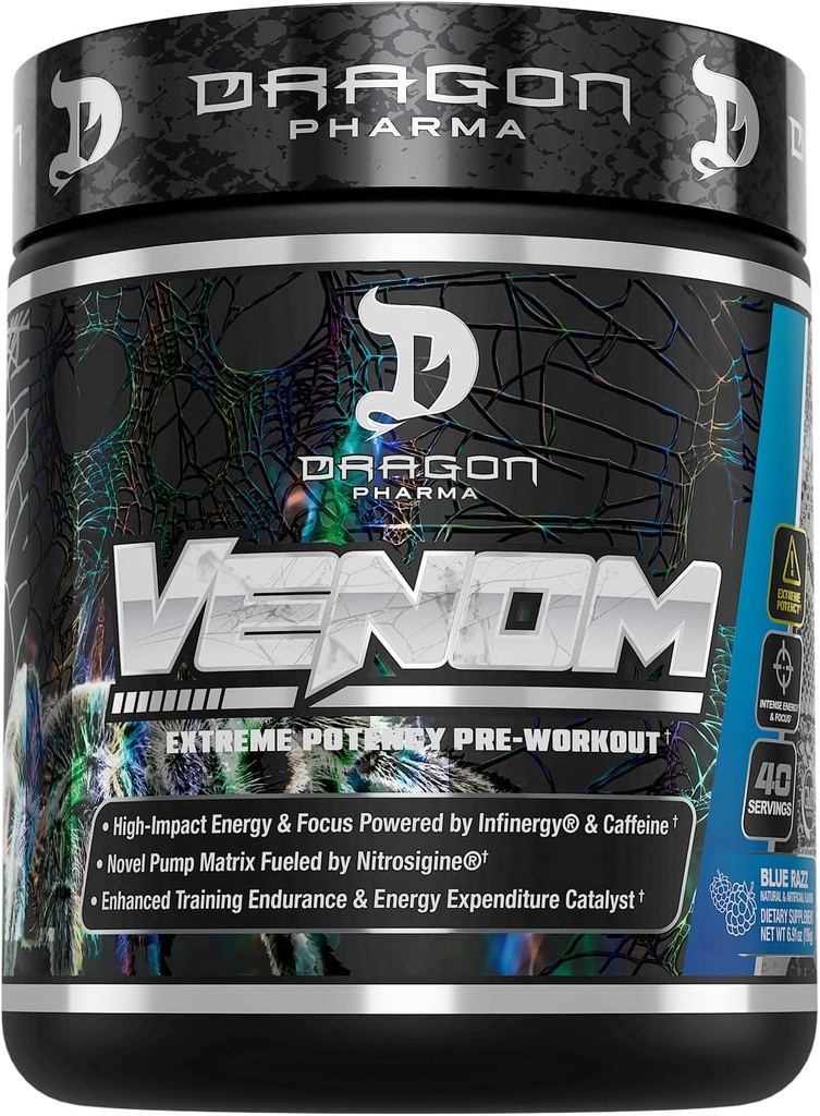 DRAGON PHARMA Venom Extreme Potency Pre-Workout, Laser Sharp Focus + Energy, Intense Performance, Bewezen Ingrediënten voor Verbeterde Vasodilatatie & Endurance (40 Servers, Blue Raspberry)