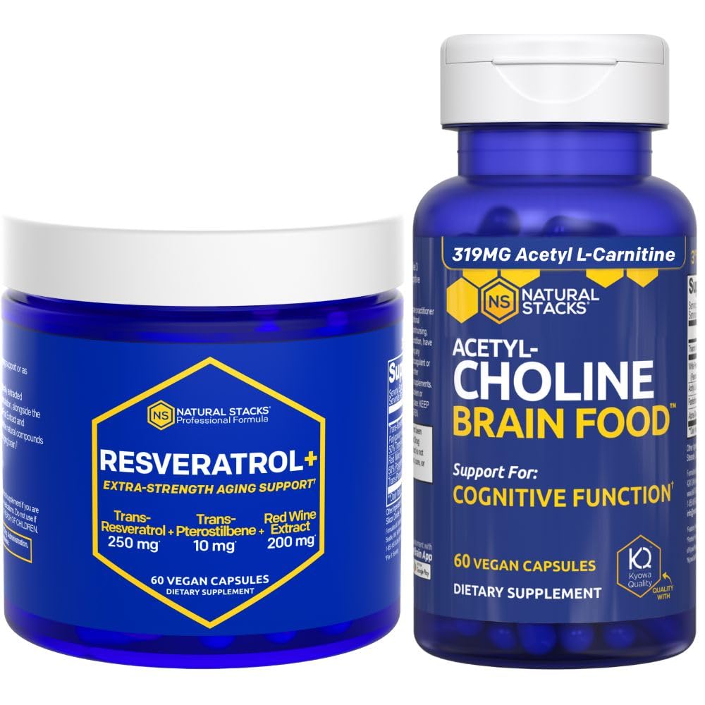 NATUURLIJKE STAKKEN Acetylcholine Brain Food + Resveratrol Supplement Bundle - Ondersteunt cognitieve functie & hersenveroudering* - 120 Totaal Capsules