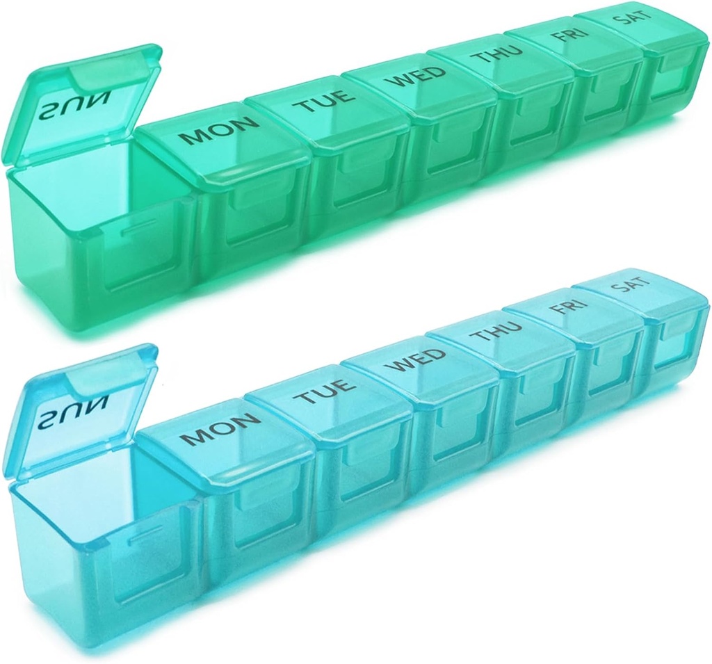 2 Pack Weekly Pillen Organisator, Grote 7 dagen pil geval, Dagelijkse Vitamine Case Medicine Box, AM/PM Pillen Containers voor Medicine Supplementen Visolie (blauw & groen)