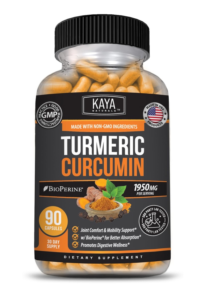 Kaya Naturals Kurkuma Platinum, 60 Count Capsules, Bioperine, Premium Ondersteuning met 95% Gestandaardiseerde Curcuminoïden - 60 Capsules