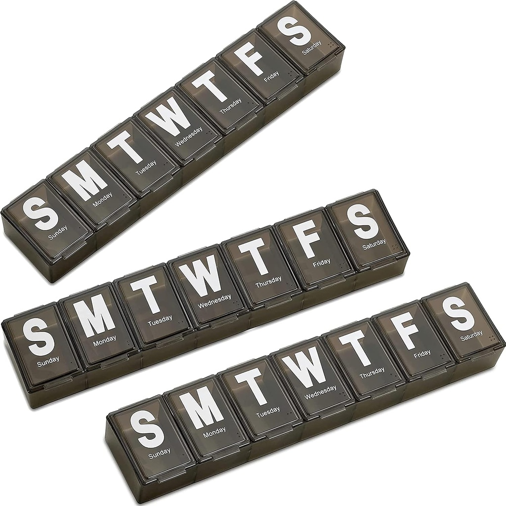 Wekelijkse pil Organisator - (Pack of 3) Extra grote vitamine container met Jumbo Gemakkelijk om brieven te lezen, BPA Gratis - Dagelijks reizen 7 dagen Medicatie pil doos, (Zwart)