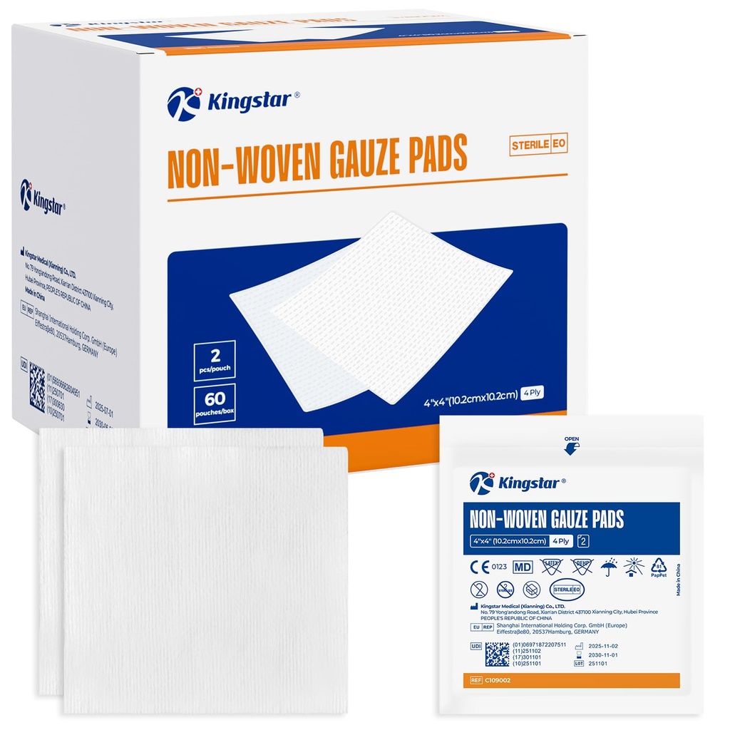 Kingstar Steriel Non-woven Gaas Pads, 4"x 4" Wond Dressing, 60 Packs - 120 Pieces Superior Soft Sponge Pads, Hogere Absorberende Gaas Compressoren voor Trauma of Post-Operative Wound Care