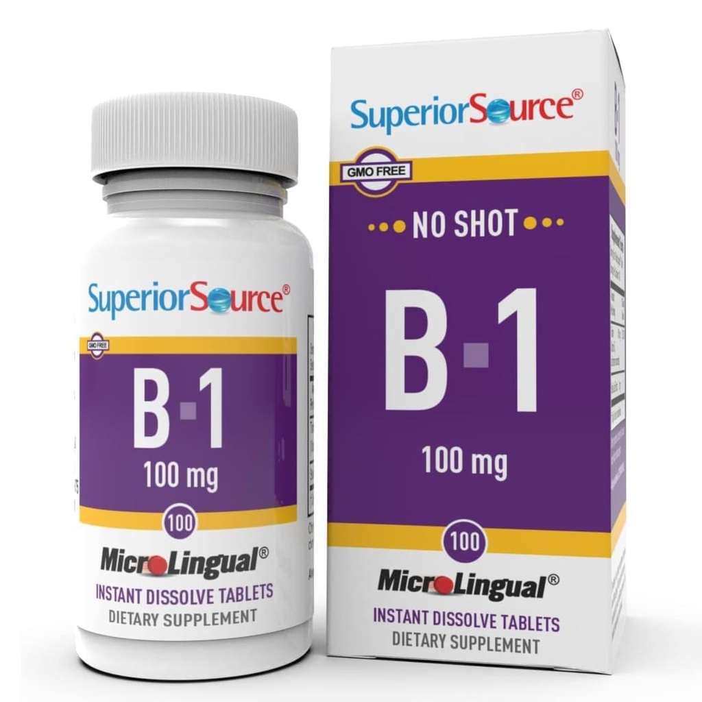 Superior Bron B-1 100 mg - Vitamine B-supplement Ondersteunt gezonde energie en groei - zenuw- en spijsverteringssysteem ondersteuningsformule met thamine - 100 Sublingual Dissolving Tablets