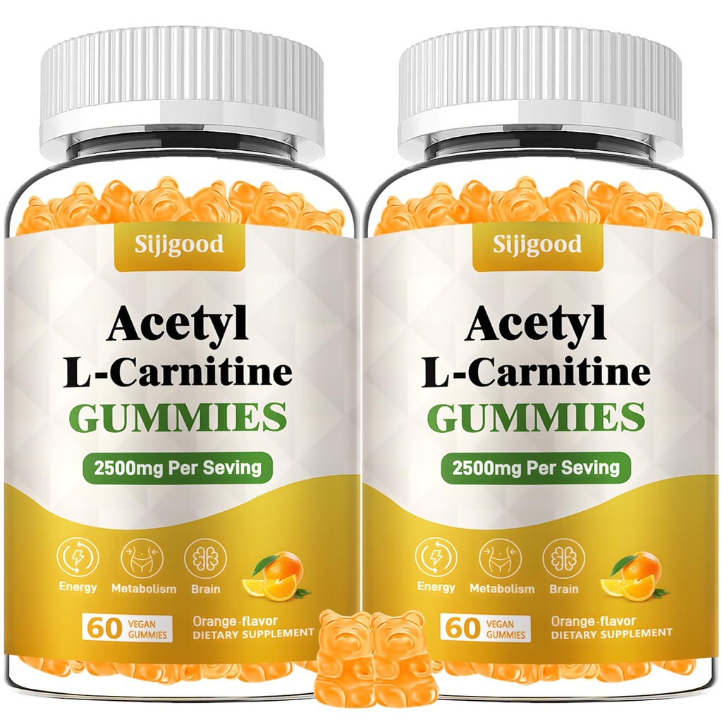 2 Pack Acetyl L-Carnitine Supplement, Natuurlijke Voeding Supplement voor Boost Energie, Immuniteit, Veganist, Orange Flavor, 120 Tellen